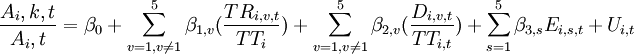 /frac{A_i,k,t}{A_i,t}=/beta_0+/sum_{v=1,v/ne1}^5/beta_{1,v}(/frac{TR_{i,v,t}}{TT_i})+/sum_{v=1,v/ne1}^5/beta_{2,v}(/frac{D_{i,v,t}}{TT_{i,t}})+/sum_{s=1}^5/beta_{3,s}E_{i,s,t}+U_{i,t}
